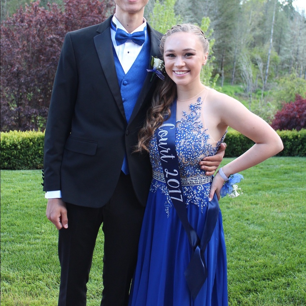Blue laced sequined prom dress壟